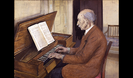 Painting of a white man seated playing a keyboard instrument