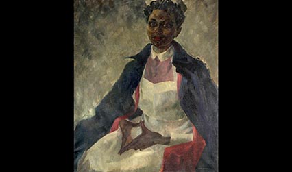Oil painting of a black woman in a nurse's uniform