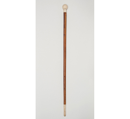 A wooden walking stick with ivory head and end.