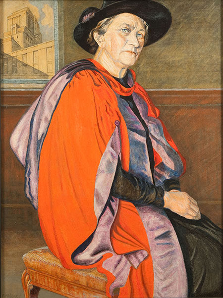 Oil painting of a white woman seated, wearing a red and purple academic gown, and black academic hat.