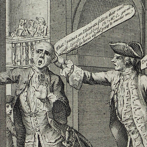 Satirical print of several men in 18th century dress arguing.