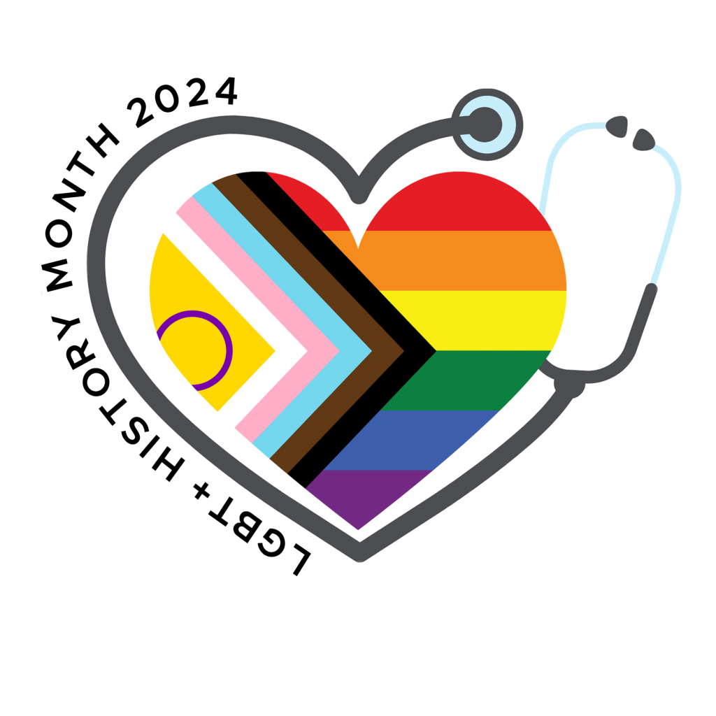LGBT+ History month badge for 2024 showing a rainbow heart circled by a stethoscope