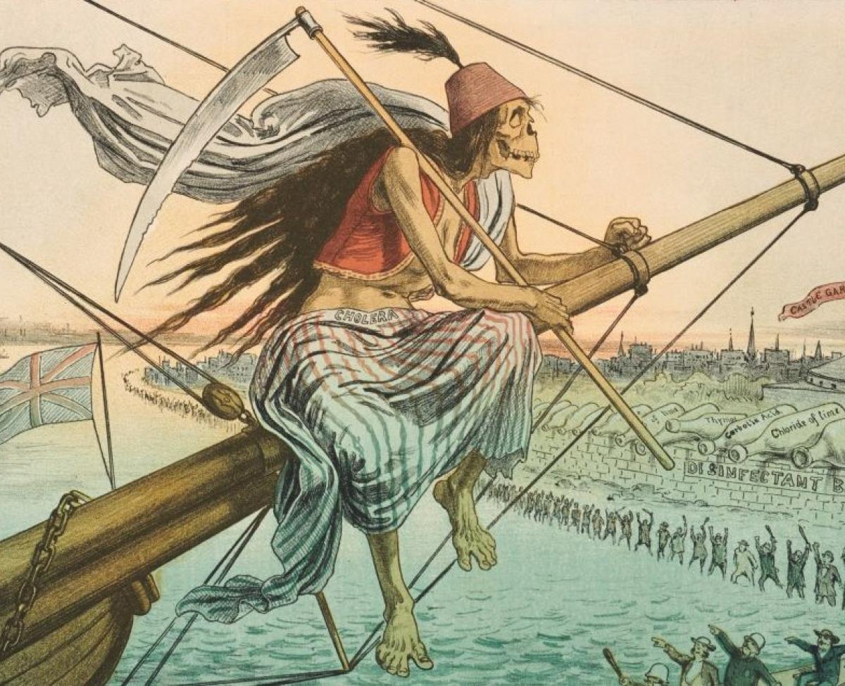 Illustration of skeletal figure sitting on a ships bow