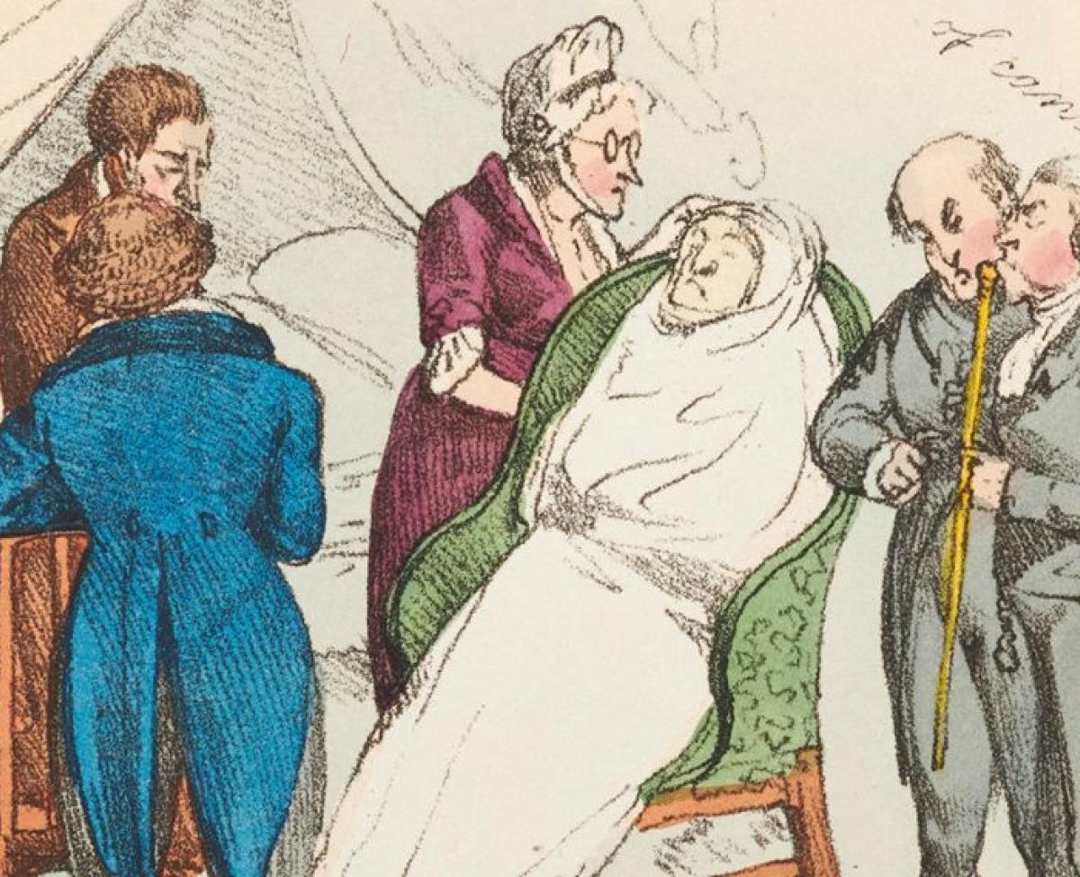3 physicians huddle in a consultation as death lurks and a patient is gravely ill in bed behind them.