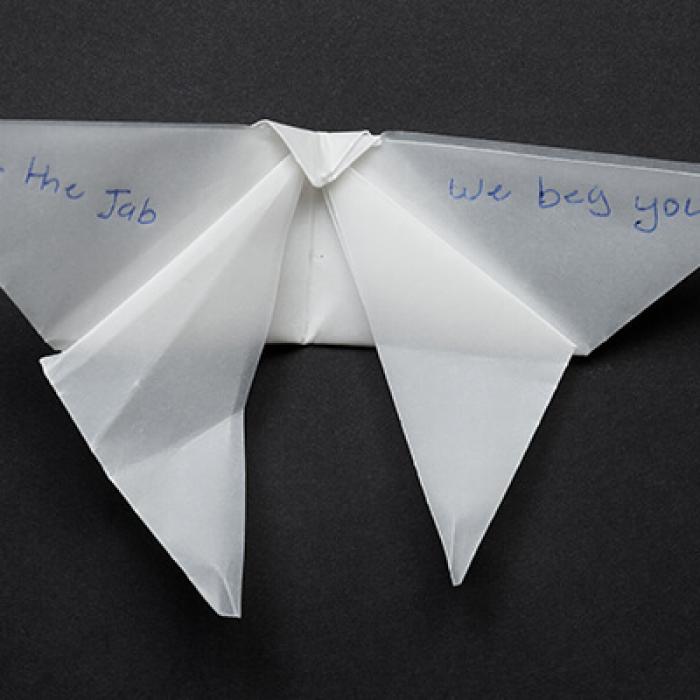 Origami butterfly with handwritten message on wing begging people to get the jab.