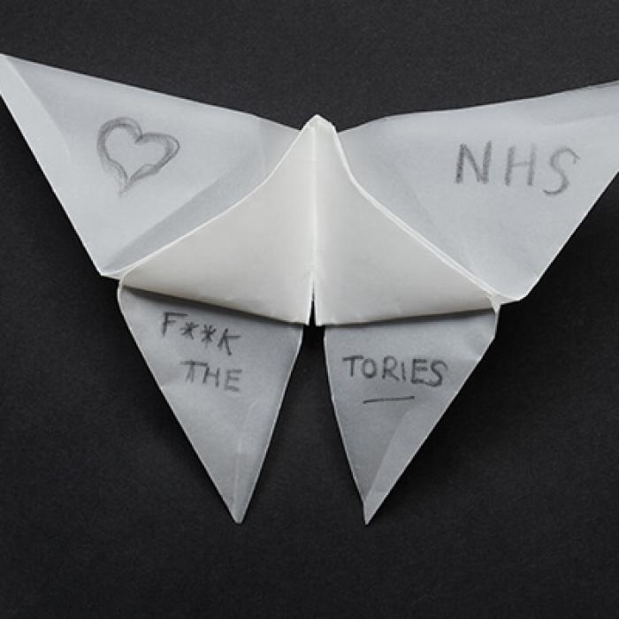Origami butterfly with handwritten message on wing. F* the Tories.