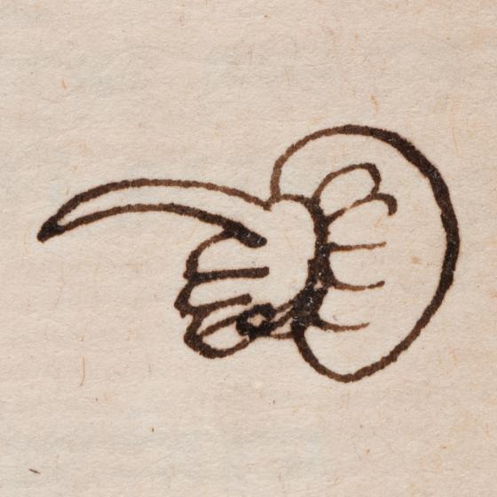A hand-drawn manicule (pointing hand).