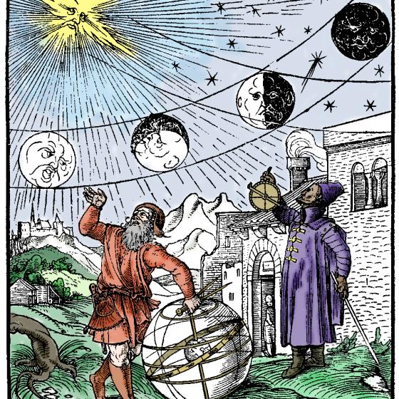 Woodcut illustration of people looking at the night sky,
