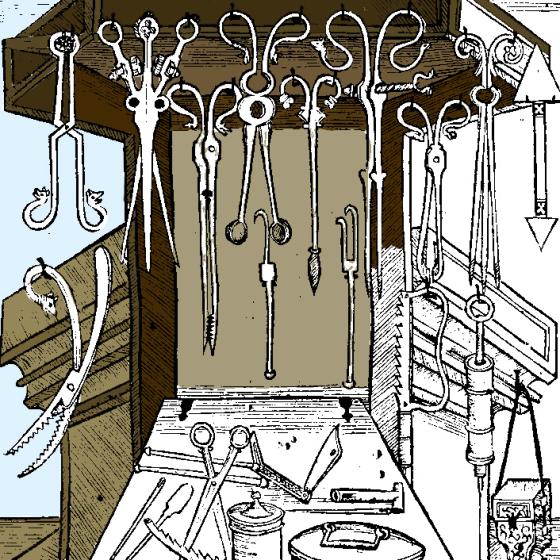 A partly-coloured-in image of lots of surgical instruments hanging up.