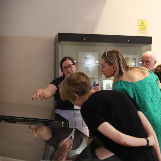 A group of museum visitors and tour guide look at a display case