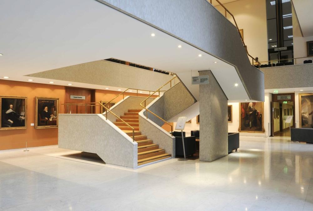 View of the Lasdun Hall and central staircase of the RCP Regent's Park building