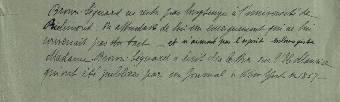 Extract of letter from Ellen Brown-Séquard to her family stating that Édouard did not like the spirit of slavery